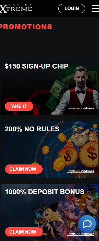 Extreme Casino mobile promotions screen with casino offers