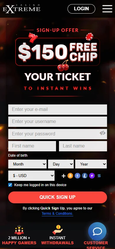 Extreme Casino mobile home screen on a smartphone