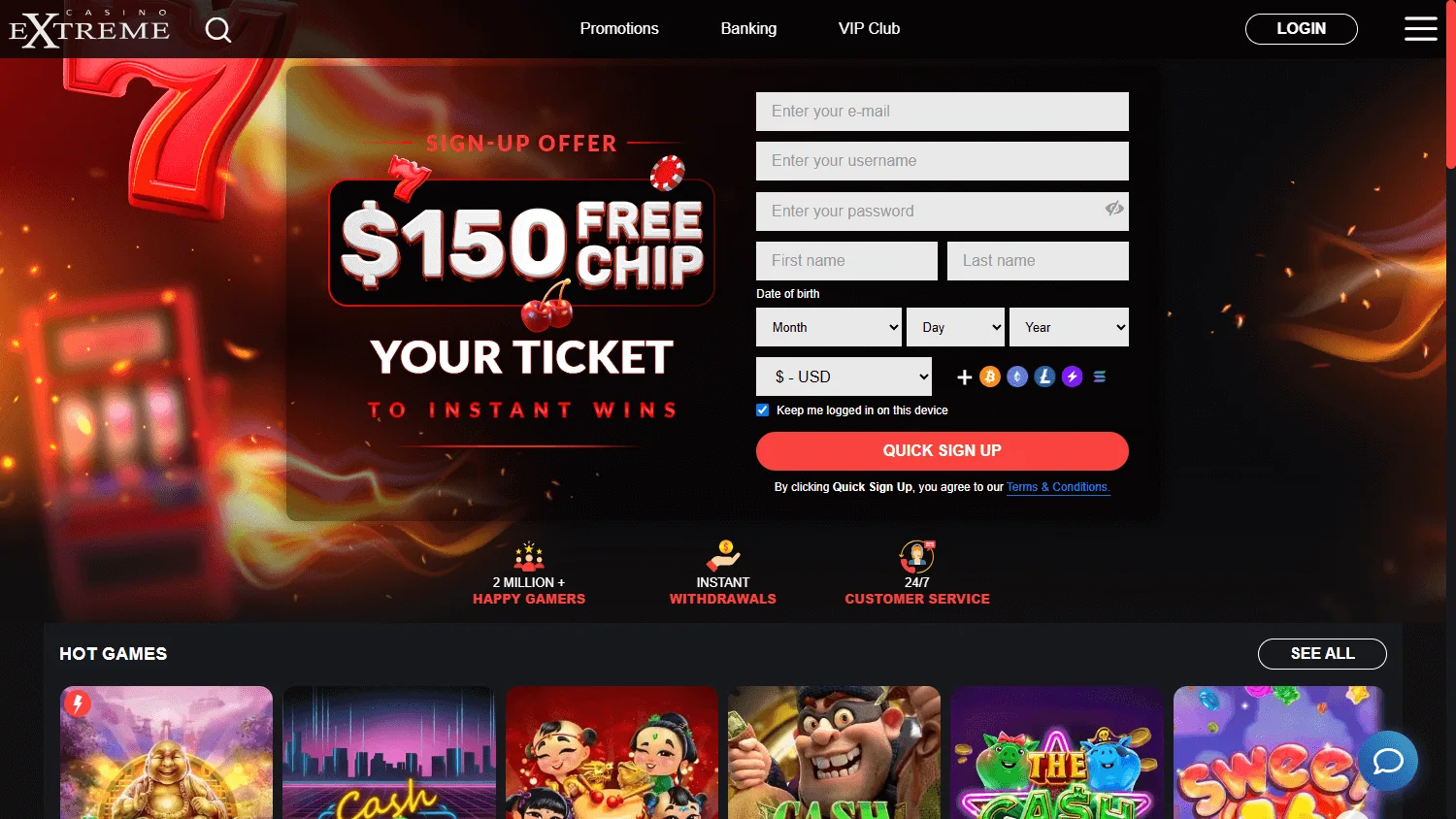 Extreme Casino desktop home screen with casino content and promotions